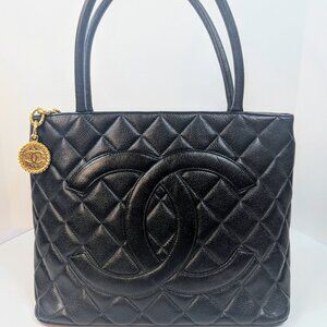 Chanel Vintage Black Medallion Quilted Caviar Petite Shopping Tote (PST)